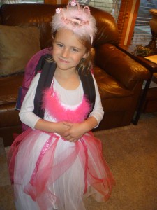 Andi- the princess and kindergarten back pack combine to prep her for year #5!